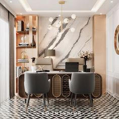 an elegant dining room with black and white flooring, gold accents and modern chairs