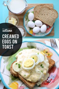 two pictures of eggs on toast with butter and cream in the middle one has an egg yogurt