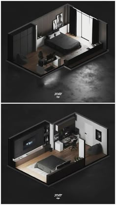 two images show the same room in different rooms, one with a bed and another with a desk