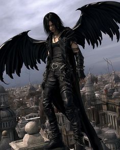 a woman with black wings standing on top of a building