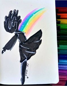 a drawing of a person with a rainbow in the background