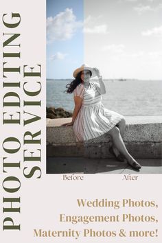 a woman in a white dress and hat sitting on a ledge next to the ocean