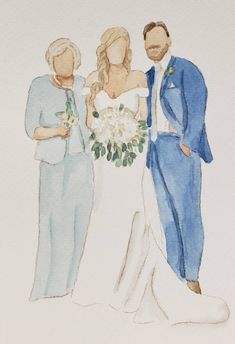 a watercolor painting of a bride and groom with their two daughters standing next to each other