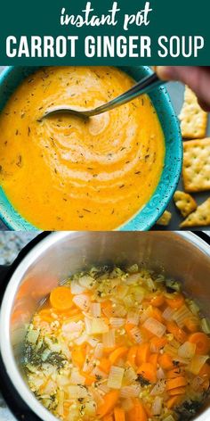 carrot ginger soup in a blue bowl with crackers on the side and text overlay that reads instant pot carrot ginger soup