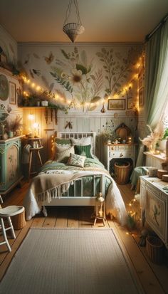 a bedroom decorated in green and white with fairy lights