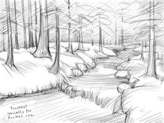 a pencil drawing of a stream in the woods