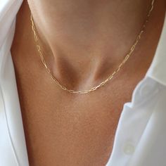 14k Solid Gold Tiny Paper Clip Link Necklace – FERKOS FJ Staple Necklace, Paper Clip Necklace, Link Chain Necklace, Chain Link Necklace, Necklace Sizes, Link Necklace, Gold Yellow, Diamond Gemstone, Paper Clip