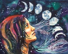 a painting of a woman looking at the stars and moon in the night sky with her hair blowing in the wind