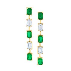 Experience the timeless glamour of Norman Silverman with our Diamond and Green Emerald Alternating Diamond Earrings. These stunning earrings feature a total carat weight of 5.68, with individual stone sizes ranging from .60 to 1.00 carats. The diamonds and emeralds are expertly cut in an emerald shape and alternate in a straight line dangle, creating a truly eye-catching look. These earrings are available in 18 carat white, yellow, or rose gold. Elegant Green Baguette Cut Earrings, Emerald Cut Diamond Earrings, Timeless Glamour, Straight Line, Stunning Earrings, Emerald Cut Diamonds, Green Emerald, Rose Gold Earrings, Emerald Cut