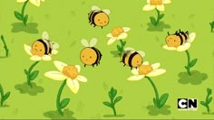 bees and daisies on a green background with the words,'honeybees '