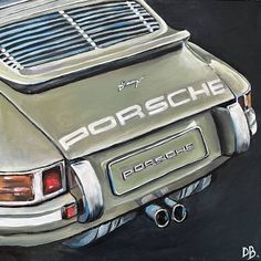 a painting of an old porsche car with the word porsche on it's side