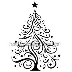 a black and white christmas tree with swirly lines on it's bottom half