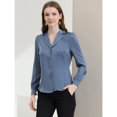 Complete your chic style with this satin button-up shirt. This satin button-up shirt features button cuffs and a notch collar perfectly. Pair it with jeans and work pants for your casual chic look. To create an elegant image with a classic design. Look smart and classic in this shirt finished with solid color fabric. With shiny and smooth fabric, this satin shirt makes you look elegant and romantic. Elegant V-neck Shirt With Back Button Closure, Single Breasted Button-up Blouse For Work, Formal V-neck Shirt With Button Closure, Workwear Lapel Collar Single Breasted Blouse, Single-breasted Button-up Top For Office, Single Breasted Button-up Tops For Office, Workwear Blouse With Single Breasted Lapel Collar, Elegant Single-breasted Button-up Top, Elegant Single Breasted Button-up Top