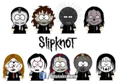 six cartoon characters with different facial expressions and haircuts, all wearing black clothing