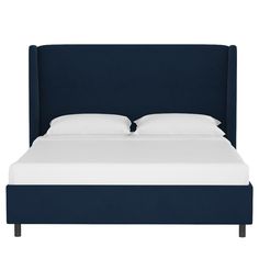 a bed with white sheets and blue headboard on it's side, against a white background