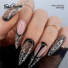 Click here to view more Fofosbeauty Press On Nails at lower price! Fofosbeauty--Press on nails 24 Pieces set 12 different sizes. Artificial nails design your own nails for weddings, parties, weekend dating, or special occasions. Acrylic nails art accessories design 24 pcs set full nail design fake nail tips with free nail glue sticker sheet and mini nail file. These tools can help you wear fake nails better, and the operation is easy and convenient for everyone. Clip-on nails have different size Black Fancy Nails, Dark Glitter Nails, Fake Nails Almond, Gold Accent Nail, Vegas Nails, Golden Nails, Halloween Press On Nails, Graduation Nails, Festive Nail Art