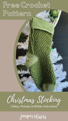 a knitted christmas stocking hanging from a tree with the text free crochet pattern