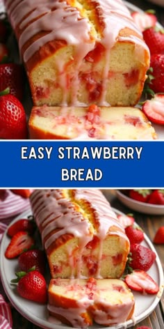 strawberry bread with icing and strawberries on the side