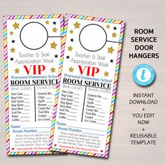 two printable door hangers with the words room service and an image of stars on them