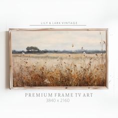 a large painting hanging on the wall next to a white wall with an empty frame