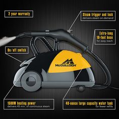 the parts of a vacuum cleaner on a black background with text describing it's features