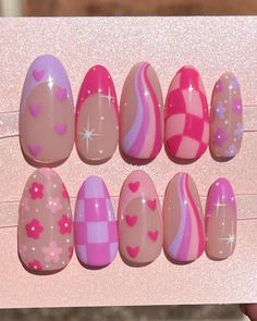 Pink And Purple Checkered Nails, Pink Mix And Match Nails, Creamfields Nails, Mix N Match Nails, Pink And Purple Nails Designs, Cute Girly Nails, Pretty Purple Nails, Aesthetic Press On Nails, Purple Pink Nails