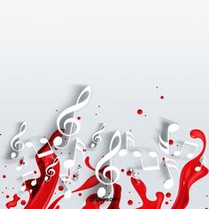 red and white music notes are floating in the air