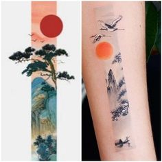 two different tattoos on each arm and one with an image of trees, mountains, and birds