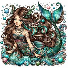 a drawing of a mermaid with long hair sitting on top of an ocean wave and bubbles