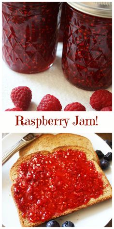 raspberry jam on toast with blueberries in the background and text overlay