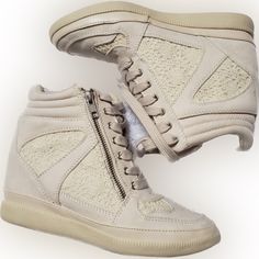 These Gorgeous Wedge Shoes Are Brand New In The Box! They Feature A Beautiful Light Taupe Color With Laces Up The Front And A Sponge Like Detailing On The Sides And Toes! They Have Functioning Zippers On The Outside For Easy Use! Size 8 Casual Beige Synthetic Wedge Sneakers, Beige Casual Wedge Sneakers For Spring, Casual Beige Wedge Sneakers For Spring, Light Taupe Color, Lace Up Wedges, Taupe Color, Box Color, Womens Shoes Wedges, Beautiful Lights