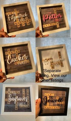 handmade scrabbles are displayed in frames with words that spell out their names