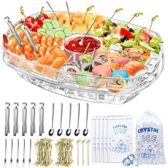 a tray filled with lots of different types of food and utensils next to each other