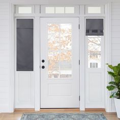 a white front door with two windows and a potted plant on the floor next to it