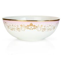 a white bowl with gold trimmings on the side and a pink stripe around it