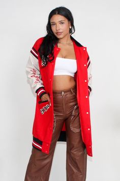 Athina Long Fit Letterman Jacket Elevate your streetwear with our bold and spirited Athina Long Fit Letterman Jacket. This eye-catching outerwear piece combines the classic prep of varsity jackets with the comfort of your favorite cardigan. 🌟 Features: Striking red body with contrasting white sleeves for a classic varsity look Sporty striped ribbing at the cuffs and hem adds to the authentic collegiate vibe Embroidered patches and lettering give it an edgy, customized feel Snap-button front clo White Sleeves, Varsity Letterman Jackets, Varsity Jackets, Letterman Jacket, Stylish Jackets, Mens Accessories Fashion, Jacket Design, Zambia, Red Jacket