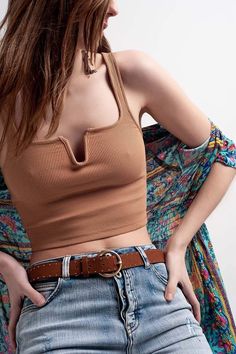 Rib Crop Top in Beige - Himelhoch's Rib Crop Top, Blouse Crop Top, Blouse Crop, Beige Blouse, Beige Top, Design Square, Ribbed Crop Top, Neck Crop Top, Knit Crop Top