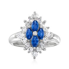 Ross-Simons - C. 1990 Vintage .81ct t. w. Diamond, .72ct t. w. Sapphire Ring Size 5.25. C. 1990. Add a dash of color and sparkle to your favorite ensembles! From our Estate collection, this fabulous ring presents a poised flower centered with .72 ct. t. w. marquise sapphires and outlined by .81 ct. t. w. marquise and round brilliant-cut diamonds. Set in platinum. 3/4" wide. Diamond and sapphire ring. Exclusive, one-of-a-kind Estate Jewelry. Sapphire birthstones are the perfect gift for September Diamond And Sapphire Ring, Jewelry Sapphire, Sapphire Birthstone, Flower Center, Vintage Diamond, Round Brilliant Cut Diamond, Estate Jewelry, Round Brilliant, Sapphire Ring