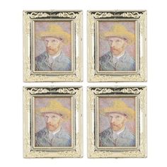 four framed paintings of men in yellow hats