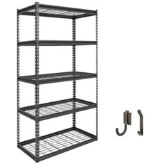 a metal shelving unit with four shelves and an umbrella hook on the wall next to it