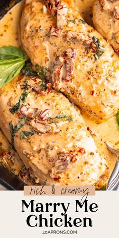 a close up of chicken in a pan with herbs on top and the words mary me chicken