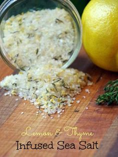 lemon and thyme infused sea salt on a cutting board