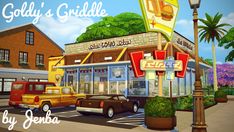 an animated image of a street corner with cars parked in front of it and a sign that says golly's grille