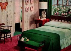 the bedroom is decorated in green and pink