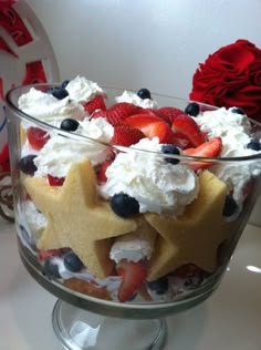 a glass bowl filled with fruit and whipped cream