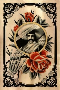 an old school mexican tattoo design with roses and a man in a sombrero