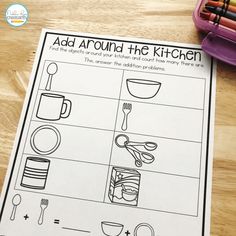 a printable worksheet for adding the kitchen items