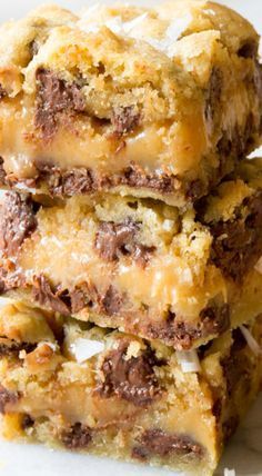 chocolate chip cookie bars stacked on top of each other