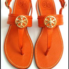 Tory Burch Never Worn In Original Box Selma Fire Orange Slingback Sandals Pebbled Leather T Strap Size 6 Flat Sandals With Tang Buckle, Leather Sole T-strap Slingback Sandals, Designer T-strap Sandals For Summer, Houston Fits, Fire Orange, Shoe Designs, Tory Burch Sandals, Slingback Sandals, Fashion 2024