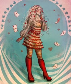 a painting of a woman in red boots and dress with cards flying around her head